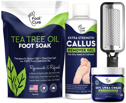 Picture of Foot Cure Foot Care/ Exfoliator & Callus Remover Pedicure Set - Includes Foot File for Dead Skin, Tea Tree Oil Foot Soak Salts, Urea Cream 40 Percent & Foot Callus Removal Gel - Made in USA