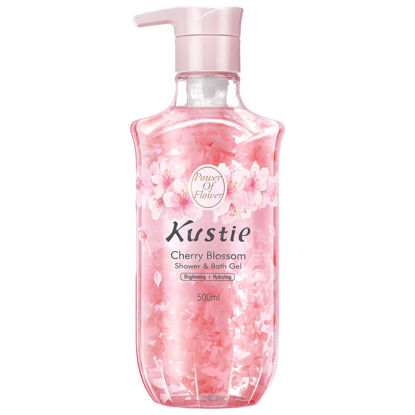 Picture of KUSTIE Cherry Blossom Body Wash, with Natural Real Cherry Petals, Long-Lasting Fresh Fragrance, Deep Moisture for Dry Skin Shower Gel with Pump, for 24hr Skin Renewal, 16.9 oz