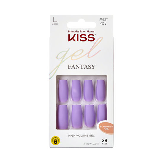 Picture of KISS Gel Fantasy Press On Nails, 'Save', Purple, Long Size, Square Shape, Includes 28 Fake Nails, 2g Pink Gel Nail Glue, 1 Manicure Stick, 1 Mini File