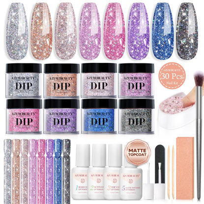 Picture of AZUREBEAUTY Dip Nails Powder Starter Kit, Silver Pink Blue Purple Black Shiny Chrome Platinum 8 All Season Colors with Nail Sticks, Base Glossy/Matte Top Coat Activator Liquid Set Manicure Art 30 PCS