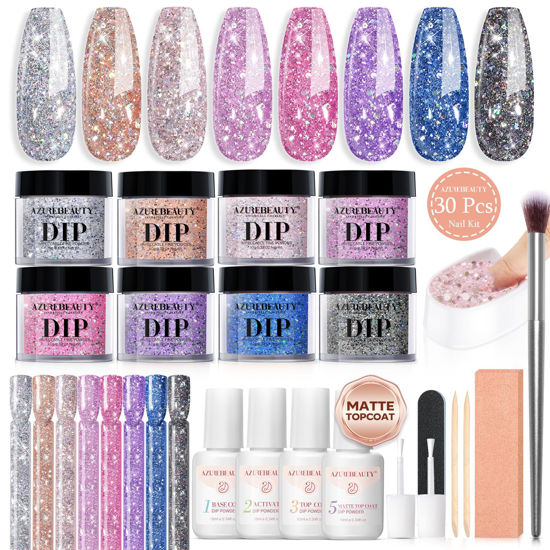 Picture of AZUREBEAUTY Dip Nails Powder Starter Kit, Silver Pink Blue Purple Black Shiny Chrome Platinum 8 All Season Colors with Nail Sticks, Base Glossy/Matte Top Coat Activator Liquid Set Manicure Art 30 PCS