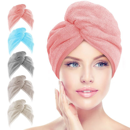 Picture of AIDEA Microfiber Hair Towel Wrap, 5 Pack Hair Turbans, Super Absorbent Quick Dry Hair Towel Wrap for All Hair Types Anti Frizz, Multicolor 26"×10"