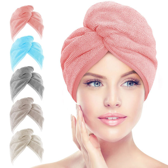 Picture of AIDEA Microfiber Hair Towel Wrap, 5 Pack Hair Turbans, Super Absorbent Quick Dry Hair Towel Wrap for All Hair Types Anti Frizz, Multicolor 26"×10"