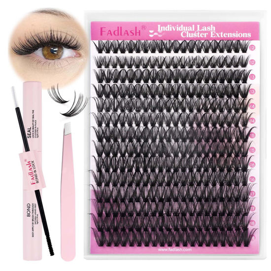 Picture of FADLASH DIY Lash Extension Kit Individual Lashes Cluster D Curl Eyelash Extension Kit with Lash Bond and Seal and Lash Applicator Tool for Self Application at Home (40D-0.07D-12-18MIX KIT)