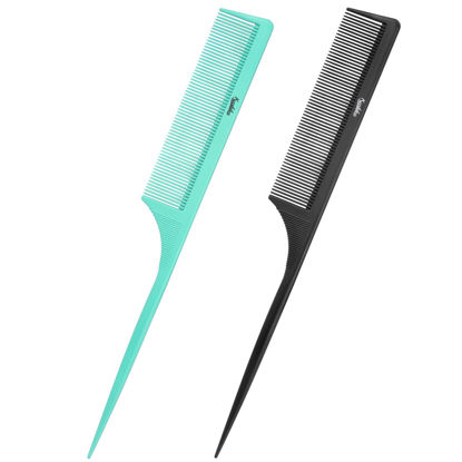 Picture of Rat Tail Comb Parting Comb：2Pcs Rat Tail Combs for Women，Fine Tooth Parting Tip Carbon Fiber Root Teasing Anti Static Tail Comb，Hair Combs for Styling（Green,Black ）
