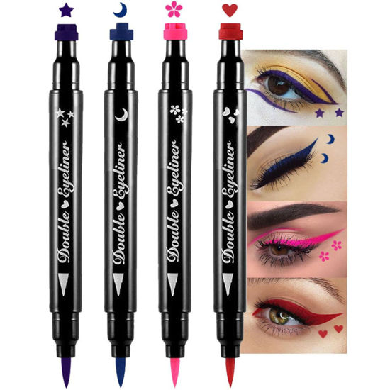 Picture of evpct Colored Winged Eyeliners Stamp 4in1 Stars Flowers Hearts Moon Colorful Face Stamps Makeup Eyeliner Eye Stamp Liners Tool Set Kit for Women Purple Blue Red Pink Eyeliner Stamp Wingliner Shapes 02