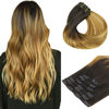 Picture of HOTBANANA Human Hair Clip in Hair Extensions, Dark Brown to Chestnut Brown and Dirty Blonde Highlighted (Warm Tone) 120g Clip in Hair Extensions Real Human Hair Straight Remy Hair 22 Inch 7pcs