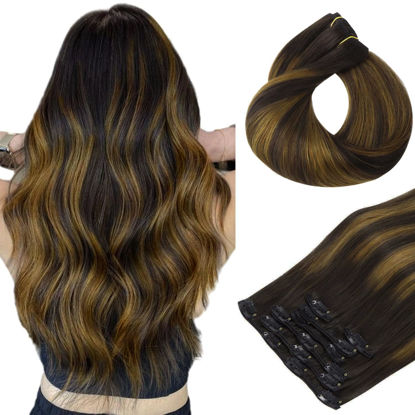 Picture of HOTBANANA Human Hair Clip in Hair Extensions, Balayage Dark Brown Mixed Golden Brown 120g Clip in Hair Extensions Real Human Hair Straight Remy Hair Clip Ins 16 Inch 7pcs