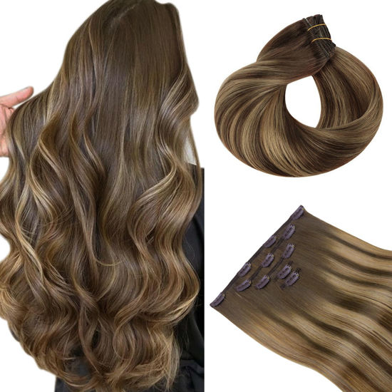Picture of HOTBANANA Clip in hair Extensions, Balayage Chocolate Brown to Caramel Blonde 5pcs Clip in Hair Extensions Real Human Hair Remy Hair Stright Clip in Hair Extensions 16 inch 85g