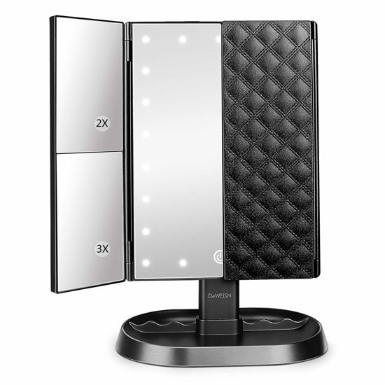 Picture of deweisn Trifold Lighted Vanity Makeup Mirror with 21 LEDs Lights,1x/2x/3x Magnification and Touch Screen Dimming,Two Power Supplies Makeup Mirror, Gift for Women