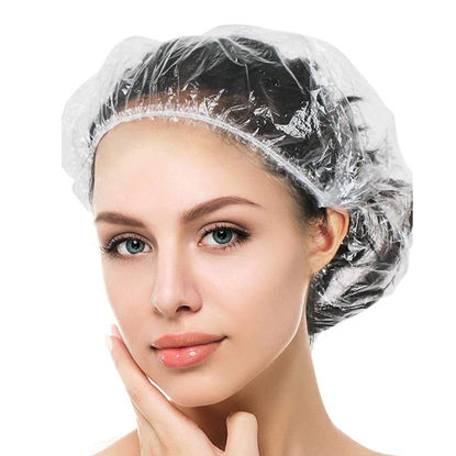 Picture of YIZIJIZI 100PCS Disposable Shower Caps, Large Thick Clear Waterproof Shower Cap for Women, large Size 20.5", Home Use, Spa, Hotel and Hair Salon, Clear Shower Caps for Travel