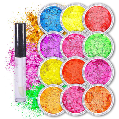 Picture of Neon Holographic Body Glitter I 12 Colors + 1 Glitter Glue for Face, Hair, Nail, Eye & Glitter Eyeshadow - Perfect for Halloween Makeup, Raves, Festivals, Resin, Tumblers, Cosmetic & Nail Art