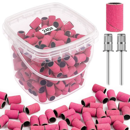 Picture of Rolybag Sanding Bands for Nail Drill 240 Grit Extreme Fine Nail Sanding Bands 200Pcs Pink Professional Sanding Bands and 2Pcs Nail Drill Bits for Manicures and Pedicure