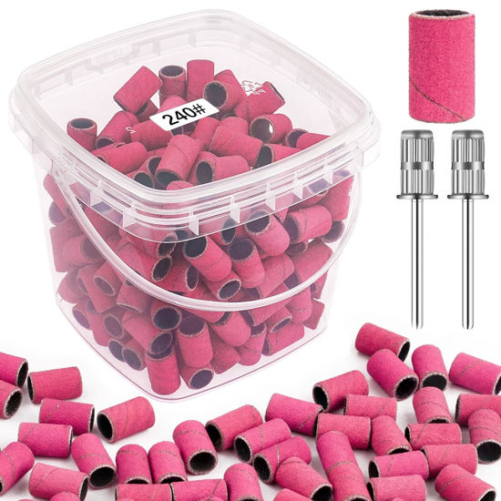 Picture of Rolybag Sanding Bands for Nail Drill 240 Grit Extreme Fine Nail Sanding Bands 200Pcs Pink Professional Sanding Bands and 2Pcs Nail Drill Bits for Manicures and Pedicure