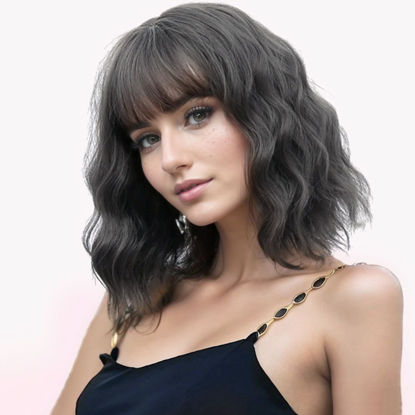 Picture of VCKOVCKO 12Inches Loose Wave Bob Wig Wavy Grey Bob Wig with Air Bang Curly Hair Wigs Synthetic Cosplay Party Wigs for Women (12Inches,Deep Grey)