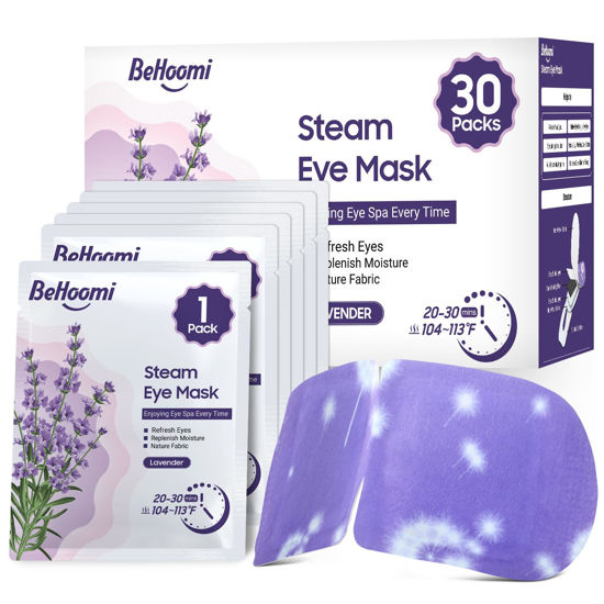 Picture of BeHoomi 30Packs Steam Eye Mask, Heated Eye Mask Warm Compress for Eyes, Self Heating Disposable Eye Masks for Home Sleep, Spa, Travel Essentials & Relaxation Gifts, Stocking Stuffers (Lavender)