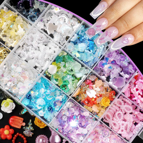 Picture of 3D Assorted Pearls Gems Nail Charms Kit Multi Color Heart Flower Butterfly Bow Moon Nail Charms Pink Color White Heart Star Bows Round Pearls Nail Charms for Manicure DIY Crafts Jewelry Accessories