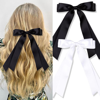 Picture of Oversized Long-tail Cute Aesthetic Hair Accessories: Double Hair Bows (2 PCS) with Satin Ribbons and Large Barrettes (Black, White)