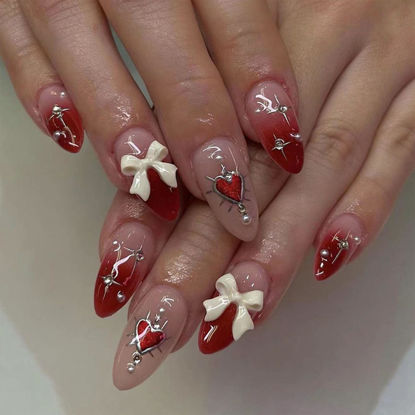 Picture of Valentine's Day Press on Nails Medium Almond Fake Nails 3D Bow Rhinestones Red Heart Acrylic Nails Press ons Reusable Glue on Nails Glossy Stick on Nails for Women 24 Pcs
