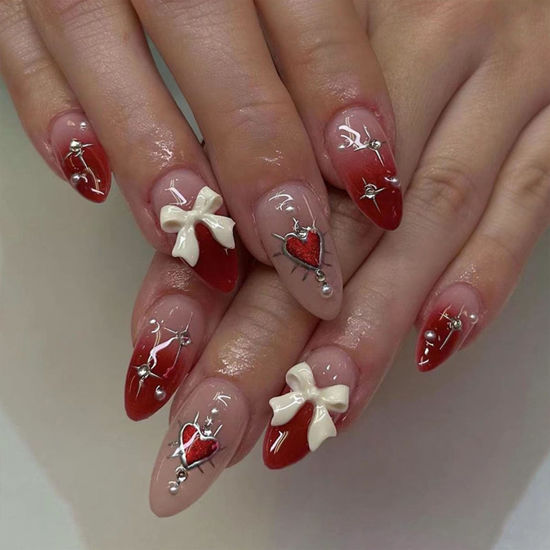 Picture of Valentine's Day Press on Nails Medium Almond Fake Nails 3D Bow Rhinestones Red Heart Acrylic Nails Press ons Reusable Glue on Nails Glossy Stick on Nails for Women 24 Pcs