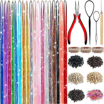 Picture of Hair Tinsel,18 Colors Hair Tinsel Kit for Girls 7600 Strands Fairy Tinsel Hair Extensions Holographic Hair Tinsel Heat Resistant Colored Hair Glitter Christmas Party Festival (18 Colors)