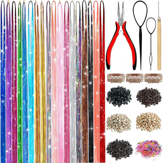Picture of Hair Tinsel,18 Colors Hair Tinsel Kit for Girls 7600 Strands Fairy Tinsel Hair Extensions Holographic Hair Tinsel Heat Resistant Colored Hair Glitter Christmas Party Festival (18 Colors)