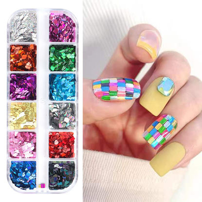 Picture of Laser Square Glitter Nail Art Sequins, Holographic 3D 12 Colors Glitter Flakes Design, Rectangle Shape Nail Shiny Supplies for Women Girls Manicure Powder Charms Decorations, DIY Resin Nail Art Tips