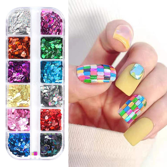 Picture of Laser Square Glitter Nail Art Sequins, Holographic 3D 12 Colors Glitter Flakes Design, Rectangle Shape Nail Shiny Supplies for Women Girls Manicure Powder Charms Decorations, DIY Resin Nail Art Tips