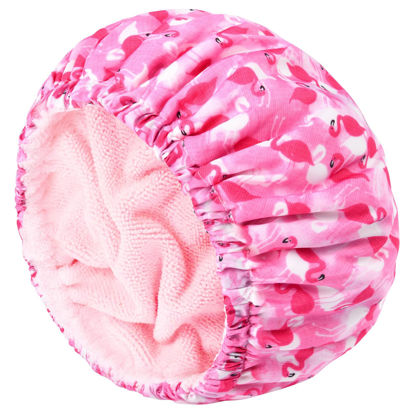 Picture of Shower Cap for Women Terry Lined Bath Cap Large Reusable Waterproof Elastic Band Pink Flamingo Shower Caps for Long Thick Hair Soft Bath Shower Hair Caps