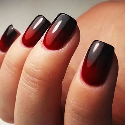 Picture of Halloween Red & Black Gradient Press on Nails Short Square Shaped False Nails Designs Glossy Reusable Fake Nails Full Cover Acrylic Nails Halloween Stick on Nails for Women DIY Manicure 24 Pcs