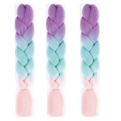Picture of Xiaofeng Braiding Hair Extensions for Women 3 Packs 100g/Pack 24Inch High Temperature Ombre Jumbo Synthetic Braiding Hair for Twist Crochet Braids (24 Inch (Pack of 3), light purple-sky blue-light pink)