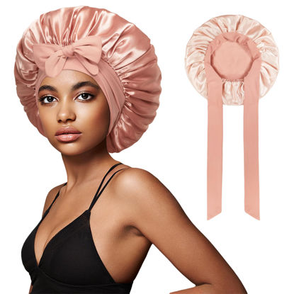 Picture of vidsel Bonnet with Tie Band Satin Bonnet Silk Bonnet for Sleeping Women, Silk Hair Bonnet Reversible Double Layer Sleep Cap Bonnet for Curly Hair Braids