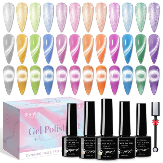 Picture of SUPWEE 12 Colors Cat Eye Gel Nail Polish - Macaron Candy Magnetic Nail Polish Gel Set Summer Spring Cateye Nail Polish UV Lamp Cure Require DIY Salon Home Gift