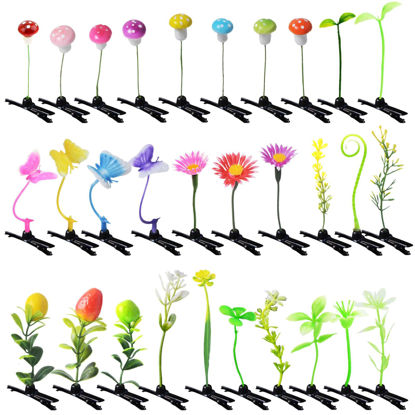 Picture of 30 Pcs Bean Sprout Hair Clips, Tianhoudeger Mixed Style Plant Hairpins Flower Hair Clip Little Grass Barrette Mushroom Butterfly Headwear Hair Accessories for Women Girl School Home Party Christmas