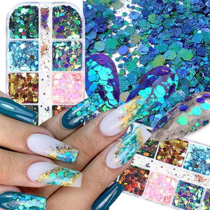 Picture of Chameleon Glitter Nail Art Sequins, Holographic 3D Laser Gradient Nail Glitter Flakes Design, UV Gel Shiny Glitters Powder Accessories for Women Manicure Mermaid Decorations DIY Sparkly Nail Art Tips