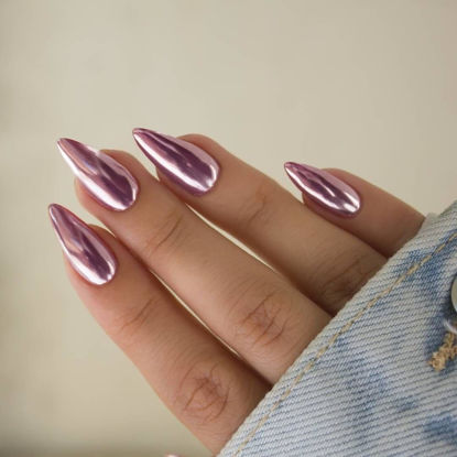 Picture of Baby Pink Chrome Press on Nails Medium Almond, KQueenest Mirror Metal Stiletto Fake Acrylic Nails with Bling Design, Reusable Glue on Nails for Daily Party Wear, False Nails Press ons in24 PCS