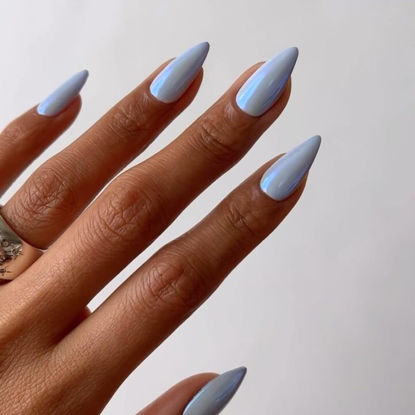 Picture of Light Blue Chrome Press on Nails Medium Almond, KQueenest Mirror Aurora Stiletto Fake Acrylic Nails with Bling Design, Reusable Glue on Nails for Daily Party Wear, False Nails Press ons in 24 PCS