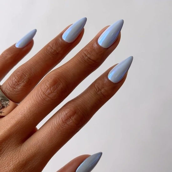 Picture of Light Blue Chrome Press on Nails Medium Almond, KQueenest Mirror Aurora Stiletto Fake Acrylic Nails with Bling Design, Reusable Glue on Nails for Daily Party Wear, False Nails Press ons in 24 PCS