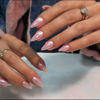 Picture of Baby Pink Chrome Press on Nails Medium Almond,KQueenest Iridescent Stiletto Fake Nails with Designs,Glossy Glue on Nails with Mirror Effect,Pearlescent Acrylic Nails for Women Girls 24Pcs