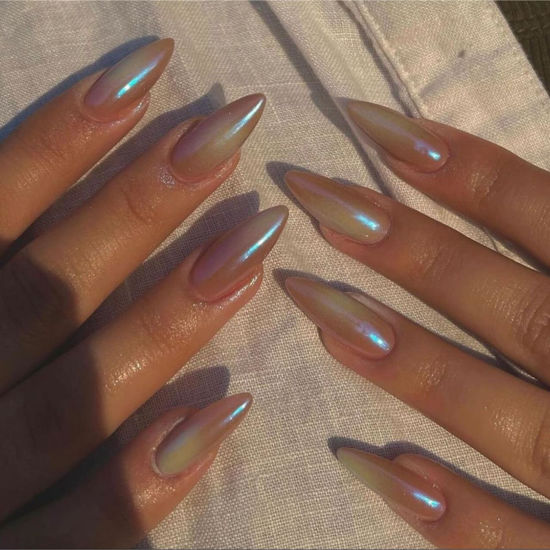 Picture of Rainbow Chrome Press on Nails Medium Almond, KQueenest Aurora Stiletto Fake Acrylic Nails with Bling Design, Cute Green Glue on Nails for Daily Party Wear, False Nails Press ons in24 PCS