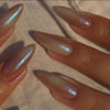 Picture of Rainbow Chrome Press on Nails Medium Almond, KQueenest Aurora Stiletto Fake Acrylic Nails with Bling Design, Cute Green Glue on Nails for Daily Party Wear, False Nails Press ons in24 PCS