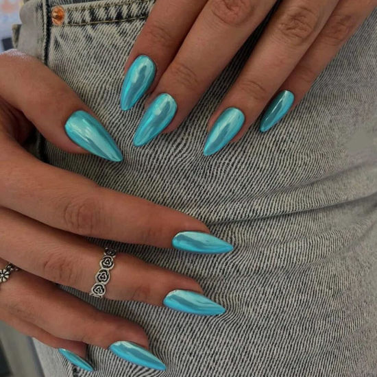 Picture of Teal Blue Chrome Press on Nails Medium Almond, KQueenest Mirror Metal Stiletto Fake Acrylic Nails with Bling Design, Green Glue on Nails for Daily Party Wear, False Nails Press ons in 24 PCS