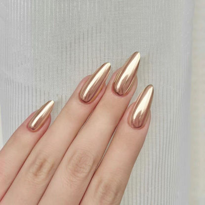 Picture of Light Gold Chrome Press on Nails Medium Almond, KQueenest Mirror Metal Stiletto Fake Acrylic Nails with Bling Design, Glue on Nails for Daily Party Wear,False Nails Press ons in 24 PCS