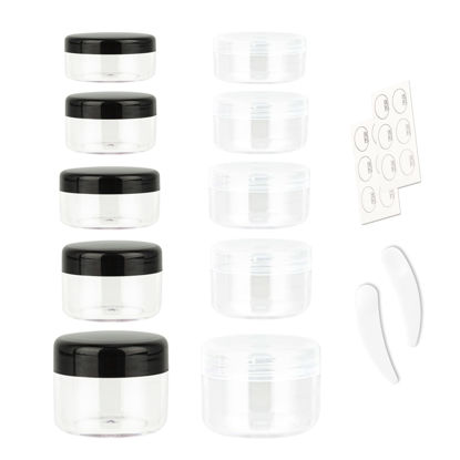 Picture of ZEJIA 10pcs Small Travel Containers, Sample Containers with Screw Lids, 5 Size 3/5/10/15/20 Gram Sample Jars with 12pcs Labels and 2pcs Mini Disposable Spatula, Makeup Sample Containers BPA Free