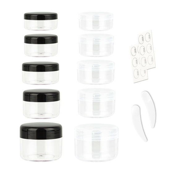 Picture of ZEJIA 10pcs Small Travel Containers, Sample Containers with Screw Lids, 5 Size 3/5/10/15/20 Gram Sample Jars with 12pcs Labels and 2pcs Mini Disposable Spatula, Makeup Sample Containers BPA Free