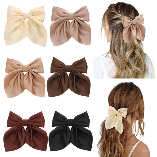 Picture of 6Pcs Hair Bows for Women, Bow Hair Clips, Silky Satin Hair Bows for Girls, Neutral Colors Hair Ribbon, Cute Bow Clips for Women, Hair Accessories Valentine's Day Gifts
