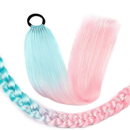 Picture of Ponytail Extension With Hair Tie 26 inch Colored Hair Extensions 1 Pack Colorful Braided Hair Extensions for Braids Festival Rave Wacky Crazy Hair Day Blue to Pink Wacky Hair