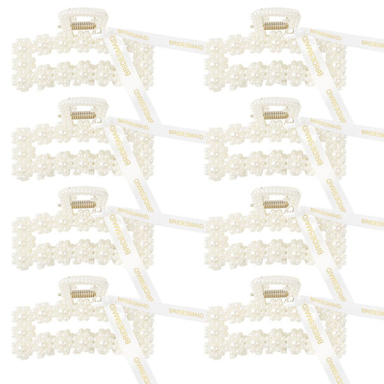 Picture of DEEKA Bridesmaid Proposal Gifts 8 Pack Pearl Bridesmaid Hair Claw Clips with Ribbon 3.7 Inch Large Hair Clips Bachelorette Party Favors Bridal Party Present Hair Accessories (Rectangle L)