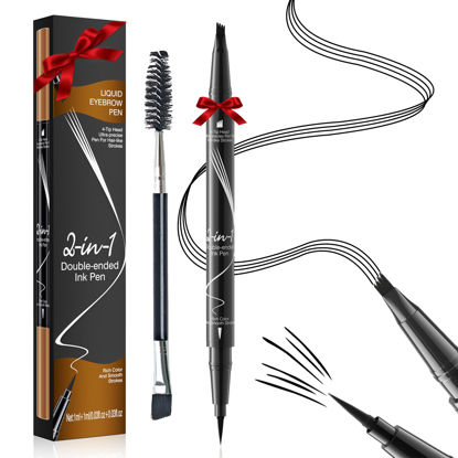 Picture of Microblading Eyebrow Pen Waterproof - Eyebrow Pencil Magical 2-in-1 Dual-Ended Eye Brow Pencils for Women with 4-Fork-Tip & Precise Brush-Tip & Eyebrow Brush, Natural Hair Like Strokes (Natural Black)
