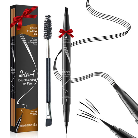 Picture of Microblading Eyebrow Pen Waterproof - Eyebrow Pencil Magical 2-in-1 Dual-Ended Eye Brow Pencils for Women with 4-Fork-Tip & Precise Brush-Tip & Eyebrow Brush, Natural Hair Like Strokes (Natural Black)